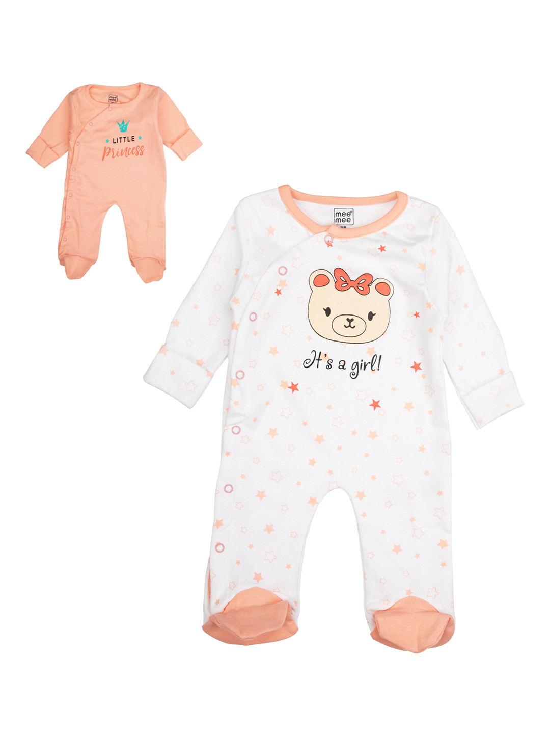 

MeeMee Girls Pack Of 2 Printed Rompers, Peach