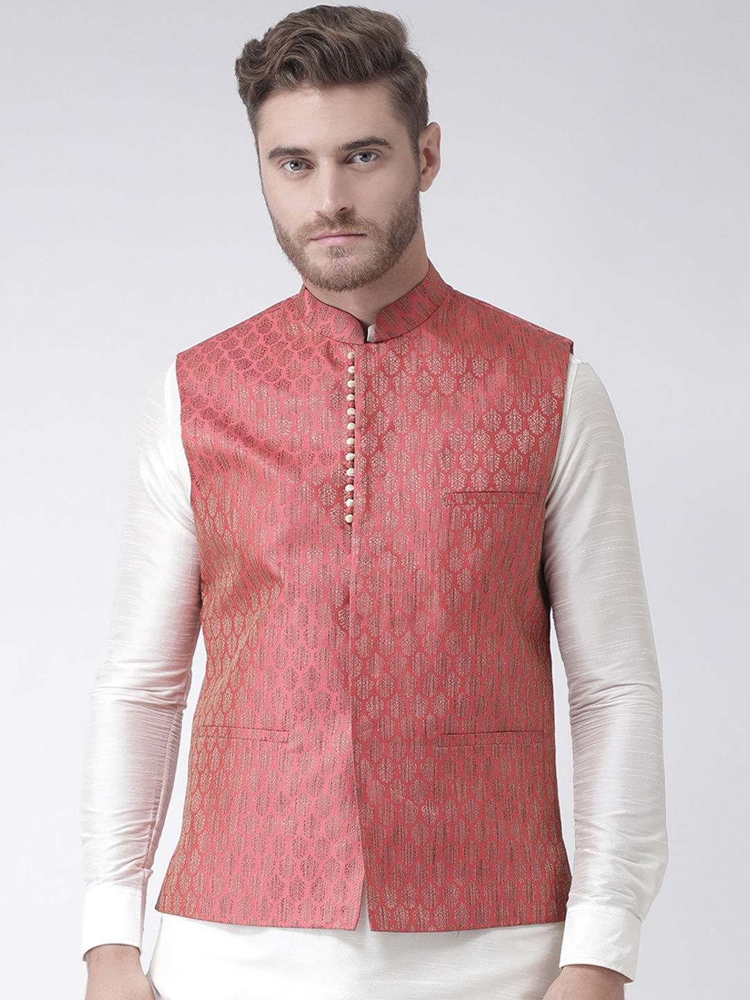 

DEYANN Men Red Woven Design Nehru Jacket
