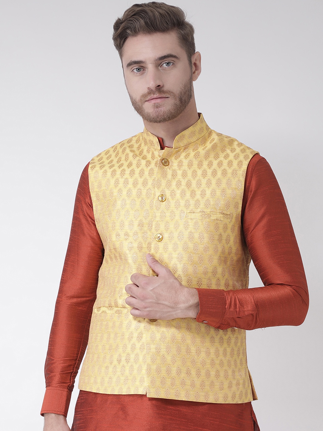 

DEYANN Men Yellow Nehru Jacket