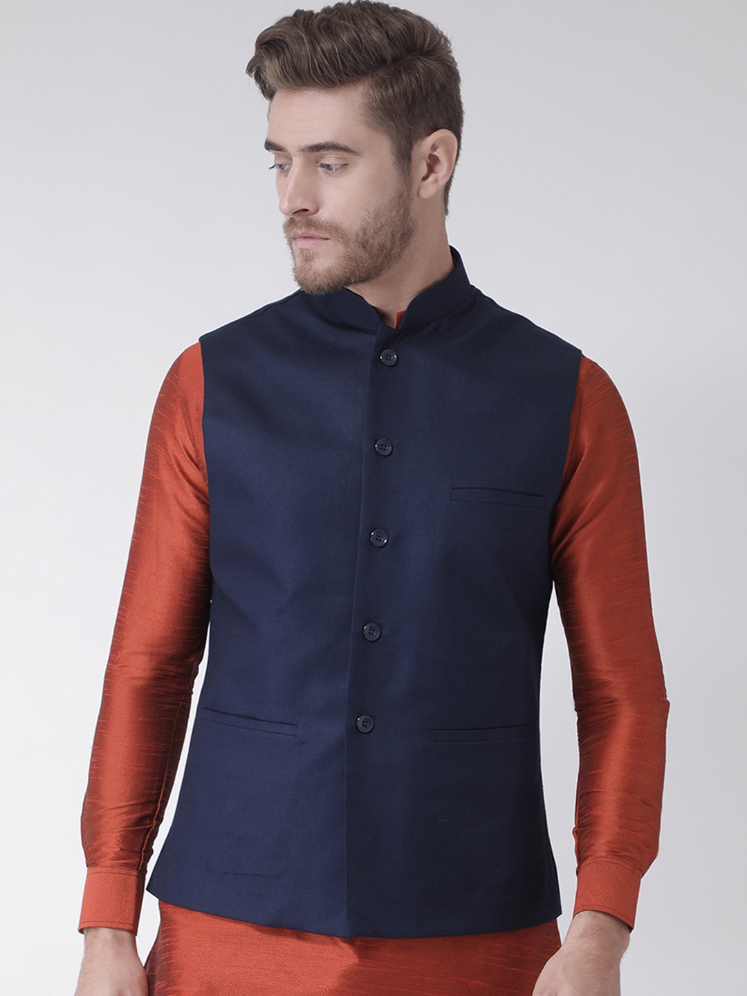

Deyann Men Navy Blue Pure Cotton Nehru Jacket