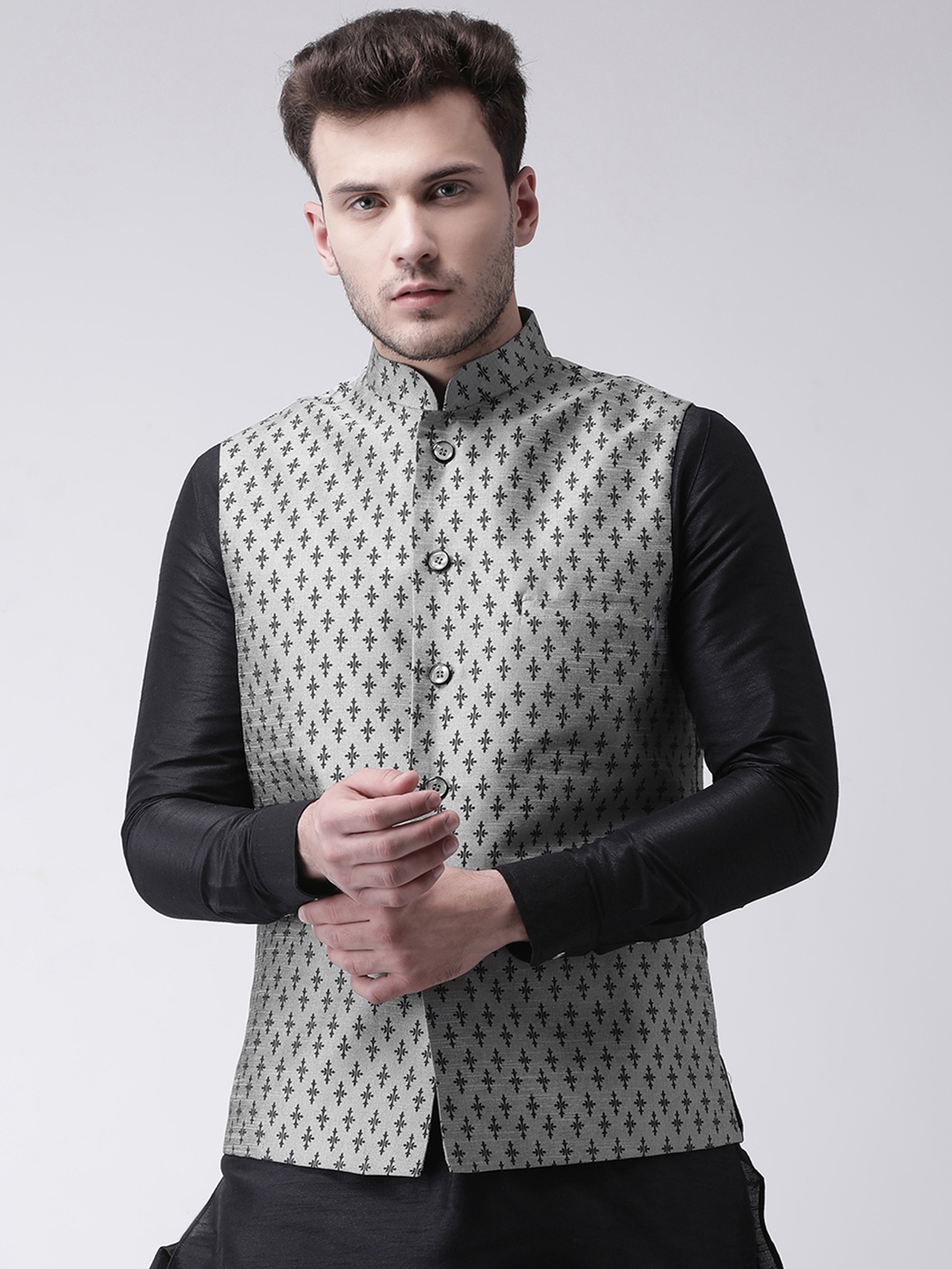 

DEYANN Men Grey Printed Nehru Jacket