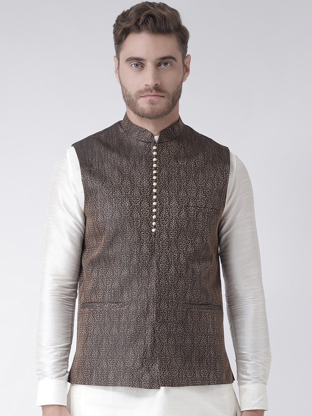 

DEYANN Men Black Woven Design Nehru Jacket