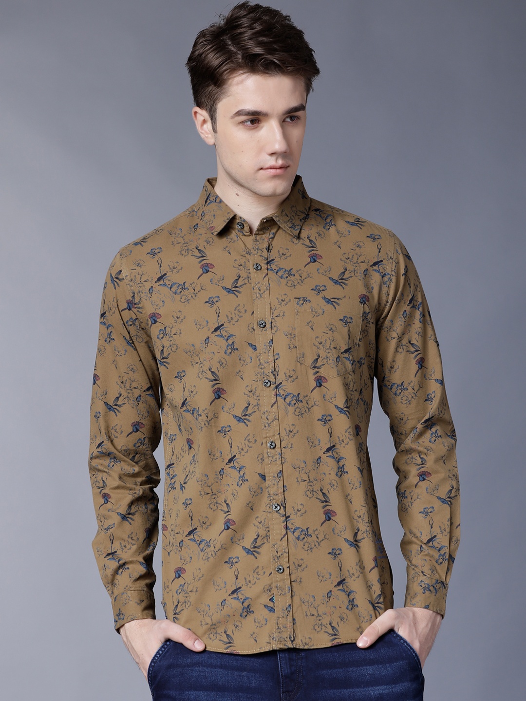 

LOCOMOTIVE Men Khaki & Blue Slim Fit Printed Casual Shirt
