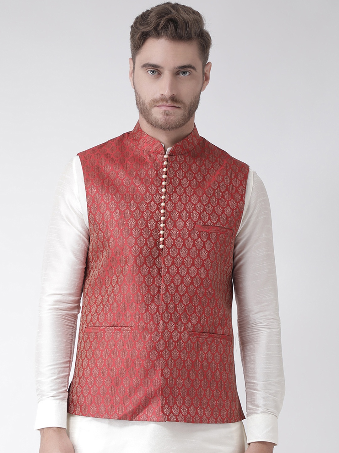 DEYANN Men Red Woven Design Nehru Jacket & Pocket Square