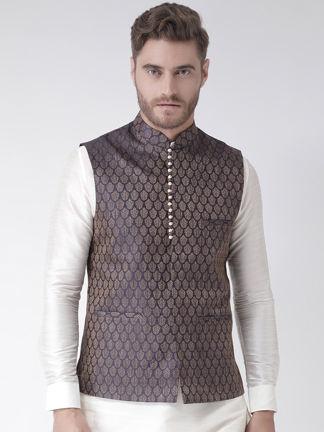

DEYANN Men Navy Blue and Beige Jacquard Nehru Jacket