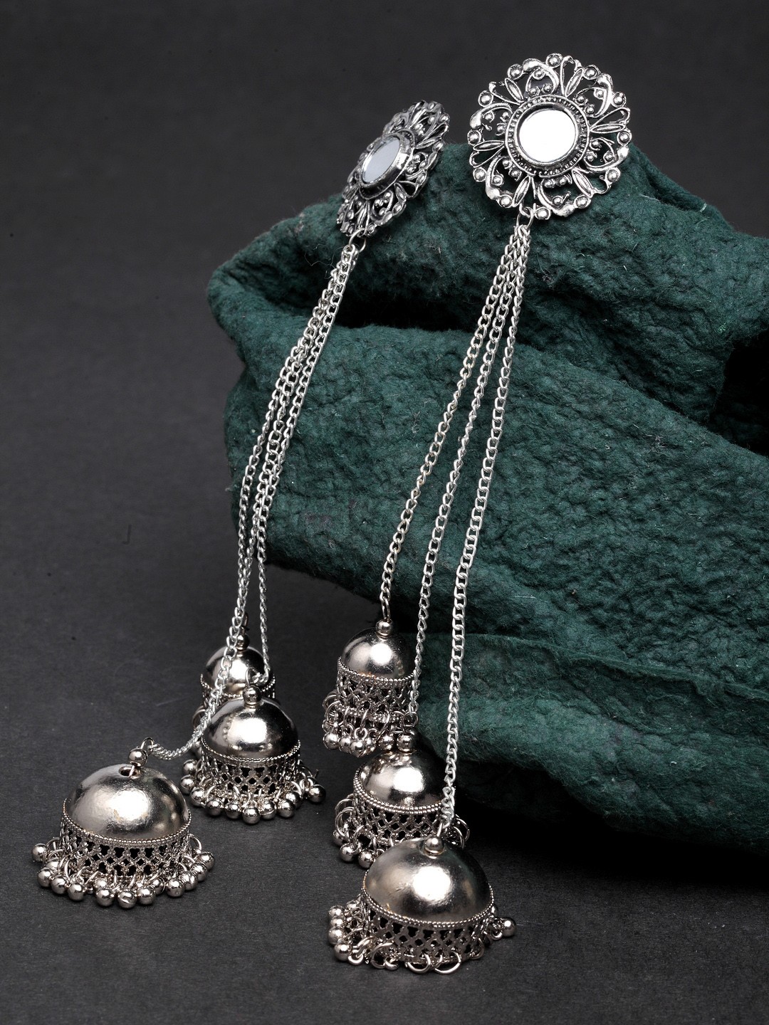 

Moedbuille Silver-Plated Oxidised Handcrafted Dome Shaped Jhumkas