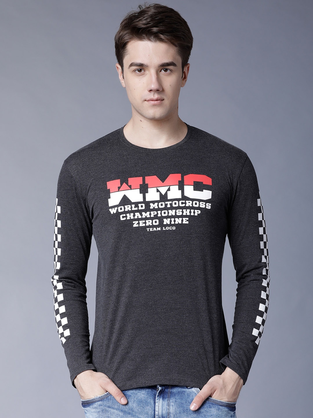 

LOCOMOTIVE Men Charcoal Grey Printed Round Neck T-shirt
