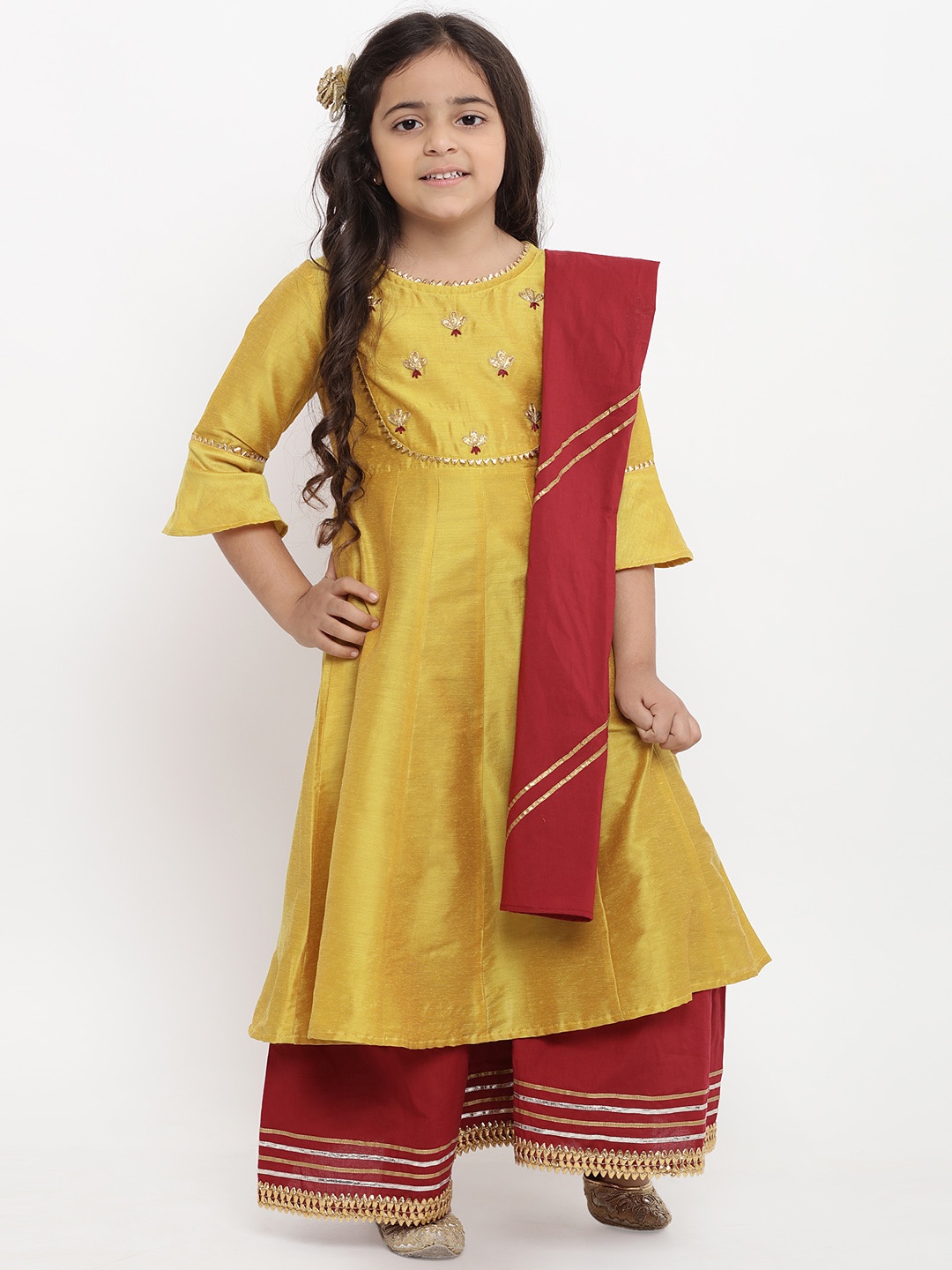 Bitiya by Bhama Girls Yellow & Embroidered Kurti with Palazzos & Dupatta