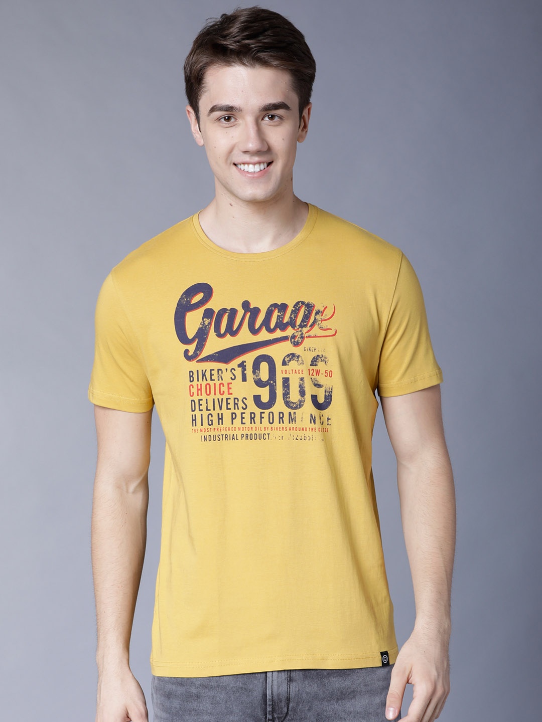 LOCOMOTIVE Men Mustard Yellow Printed Round Neck Slim Fit T-shirt