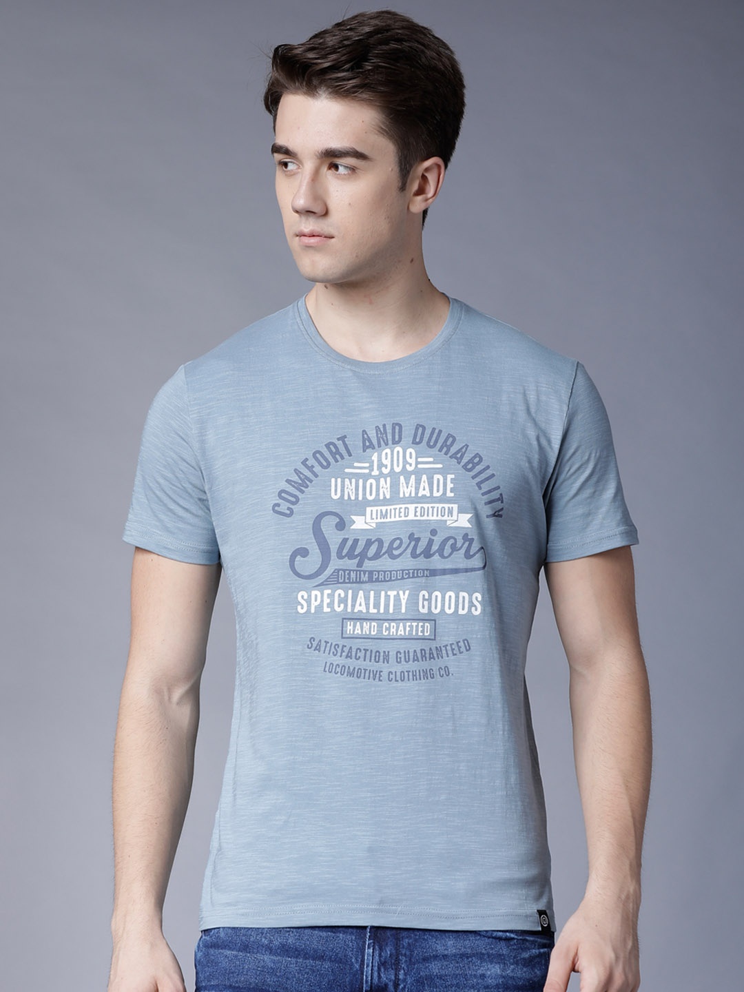 LOCOMOTIVE Men Blue Printed Round Neck Slim Fit T-shirt