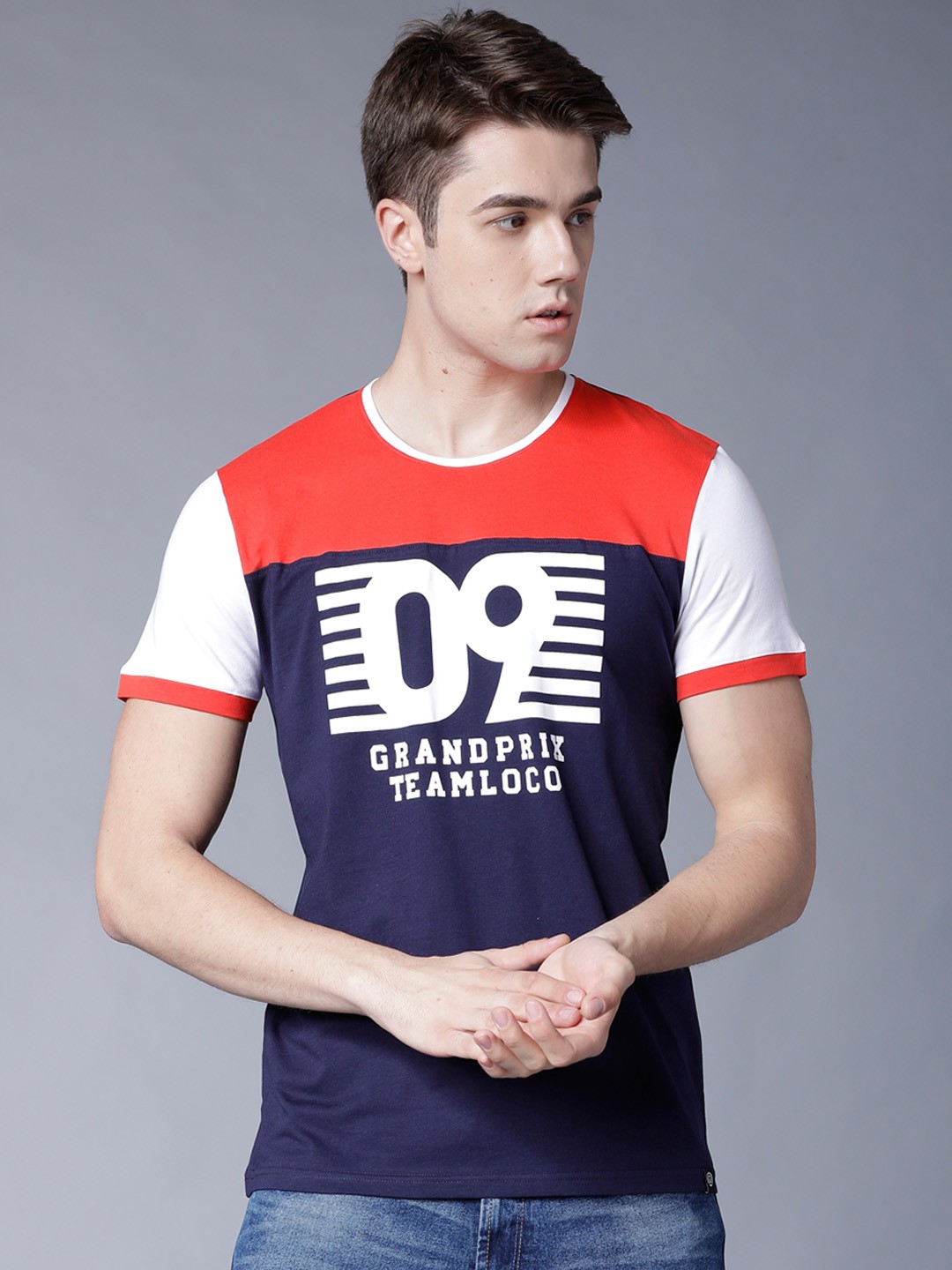 

LOCOMOTIVE Men Navy Blue & Orange Printed Round Neck T-shirt