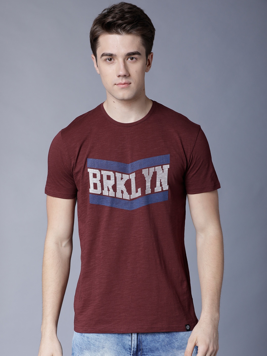 LOCOMOTIVE Men Maroon Printed Round Neck T-shirt