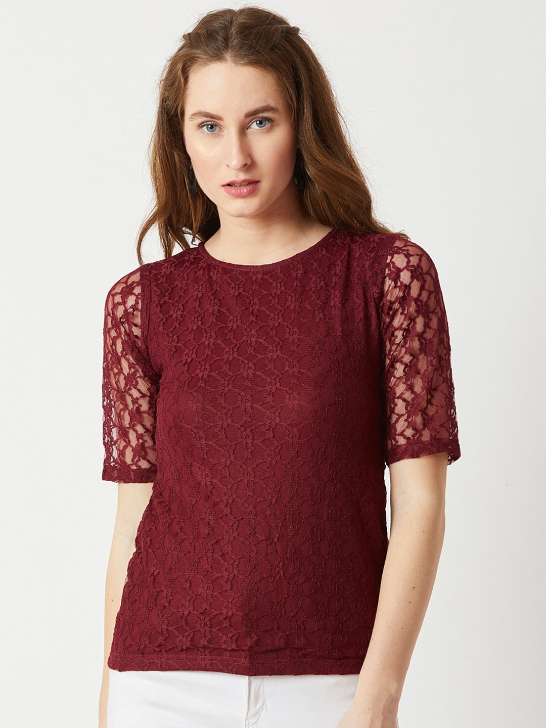 

Miss Chase Women Maroon Self Design Pure Cotton Top