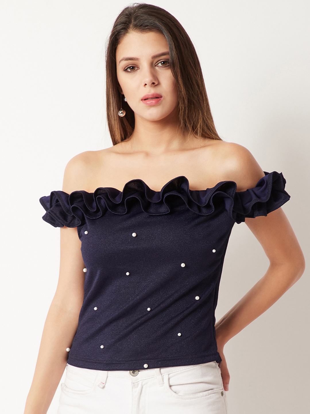 

Miss Chase Women Navy Blue Embellished Bardot Top