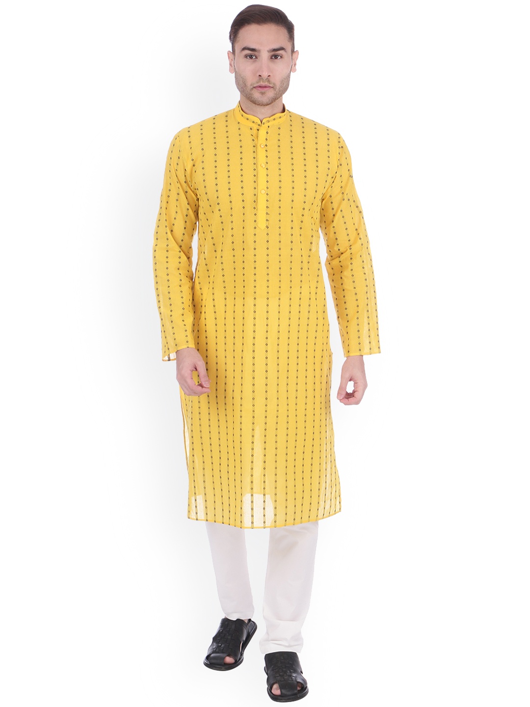 

RAJUBHAI HARGOVINDAS Men Yellow Woven Design Straight Kurta