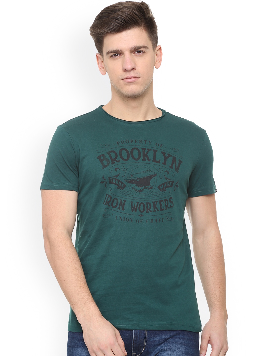 

People Men Green Printed Round Neck Pure Cotton T-shirt