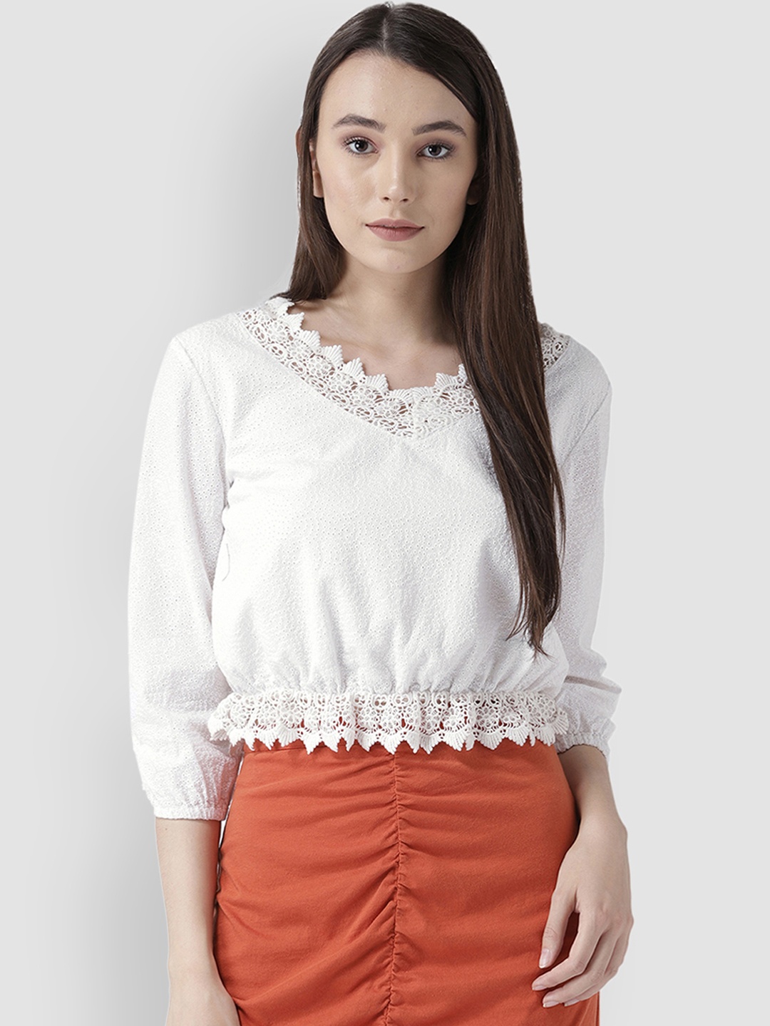 

LA LOFT Women White Solid Crop Pure Cotton Top
