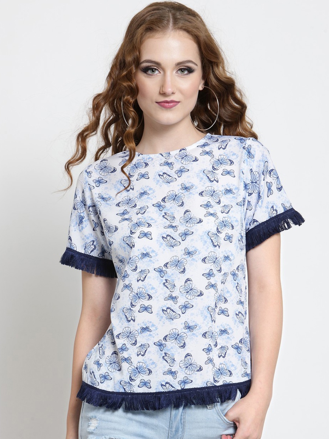 Sera Women White & Blue Printed Top