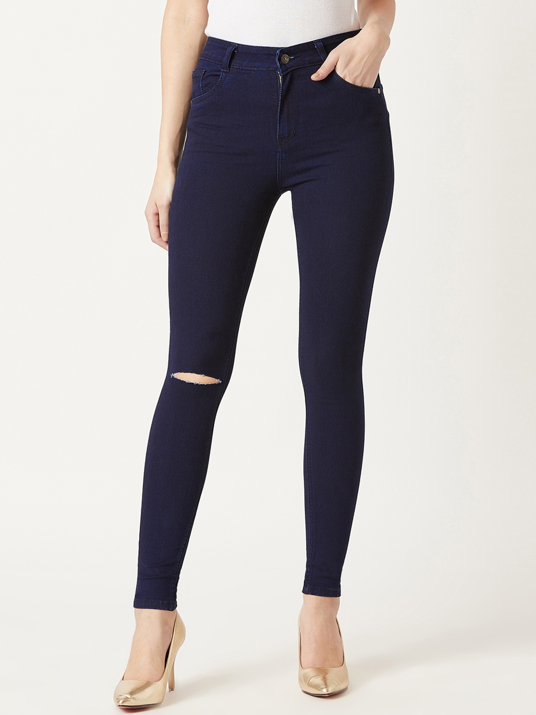 

Miss Chase Women Navy Blue Skinny Fit Mid-Rise Slash Knee Jeans