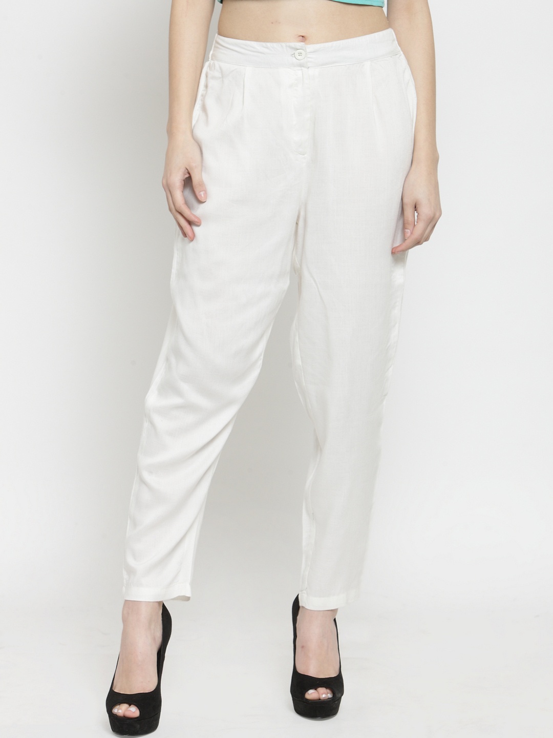

Sera Women White Tapered Fit Solid Cigarette Trousers