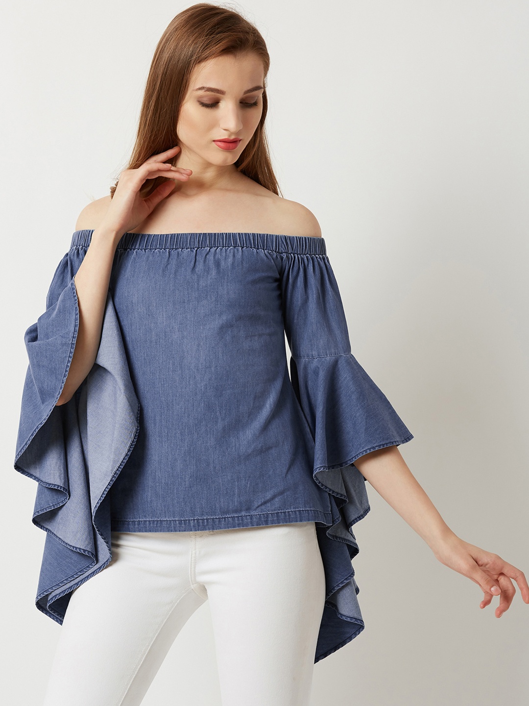 

Miss Chase Women Blue Solid Denim Bardot Top