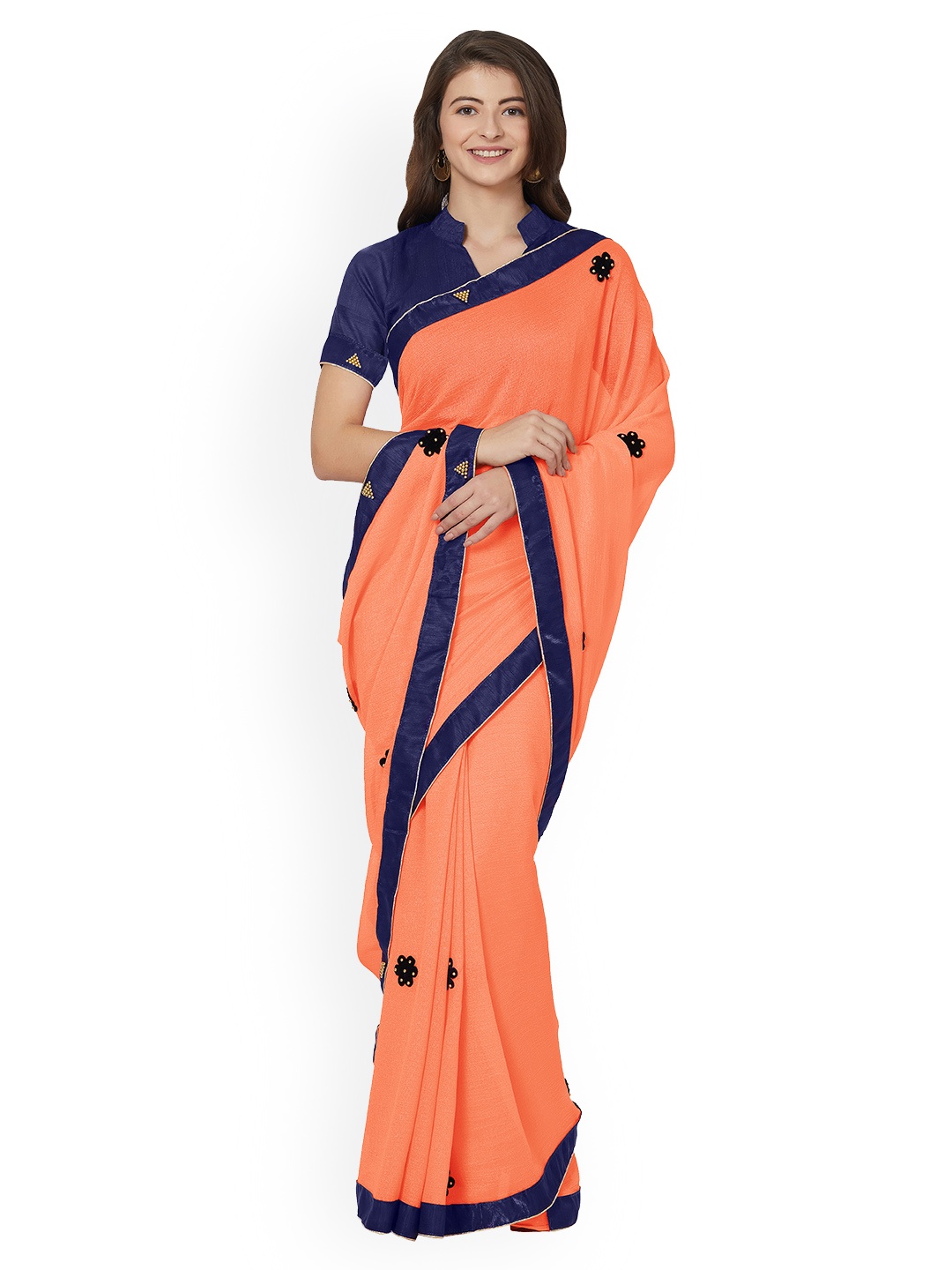 

MIRCHI FASHION Orange Solid Poly Chiffon Saree