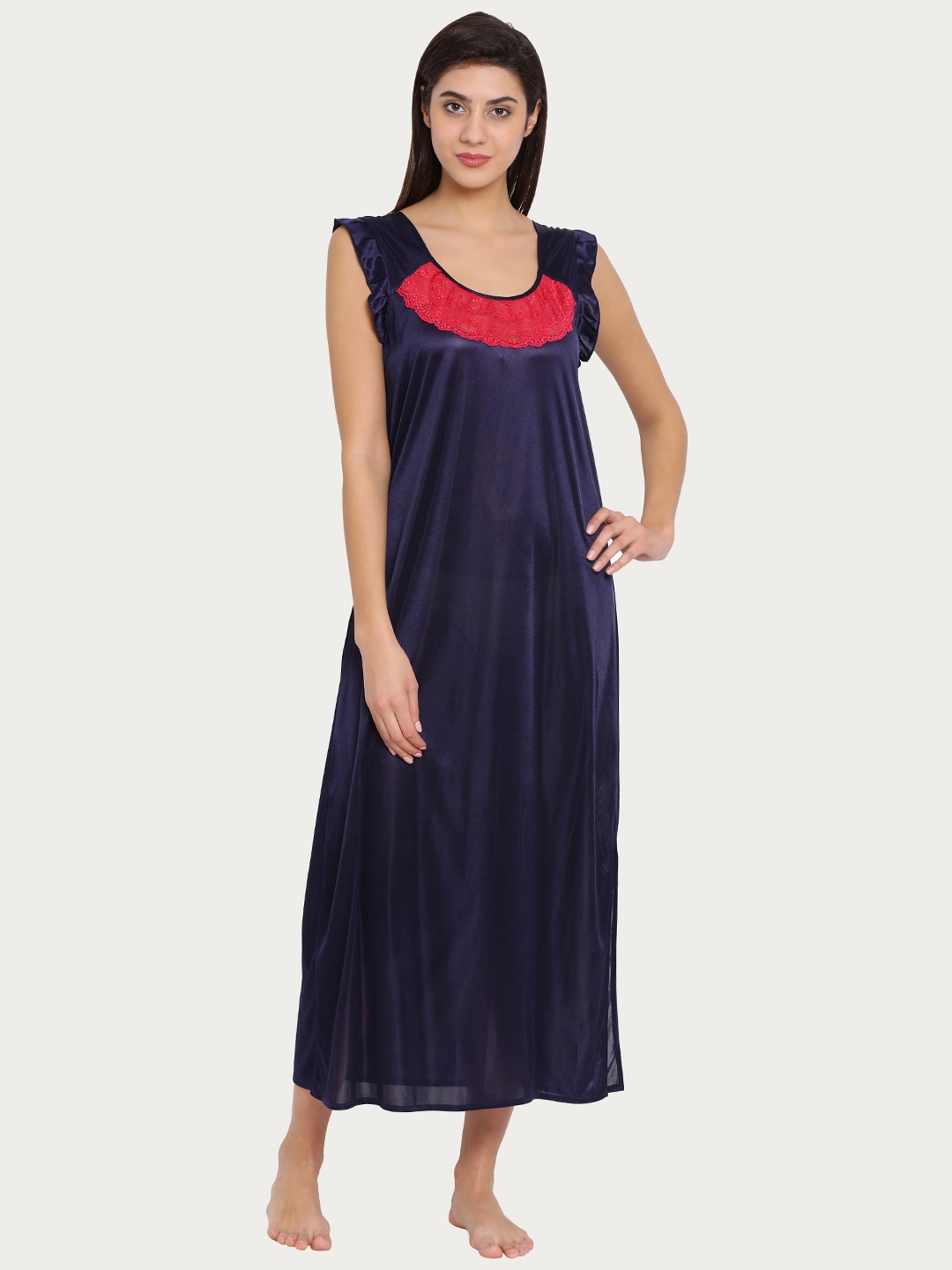 

Clovia Long Lace Inserts Satin Night Dress, Navy blue