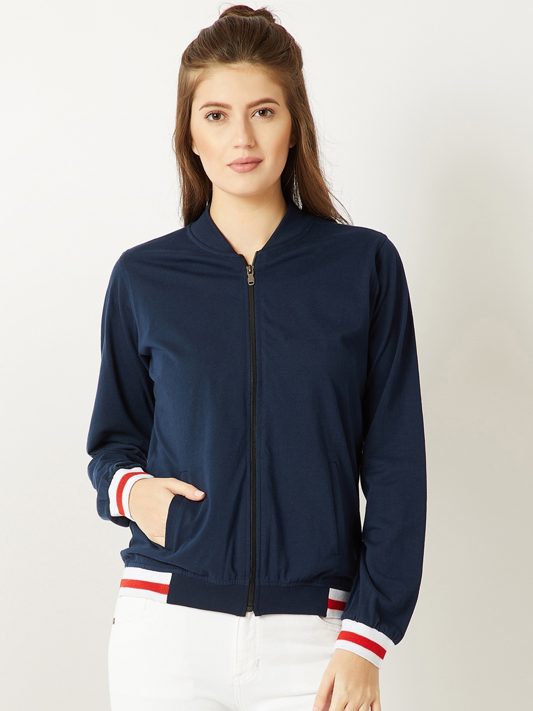 Miss Chase Women Navy Blue Solid Lightweight Bomber