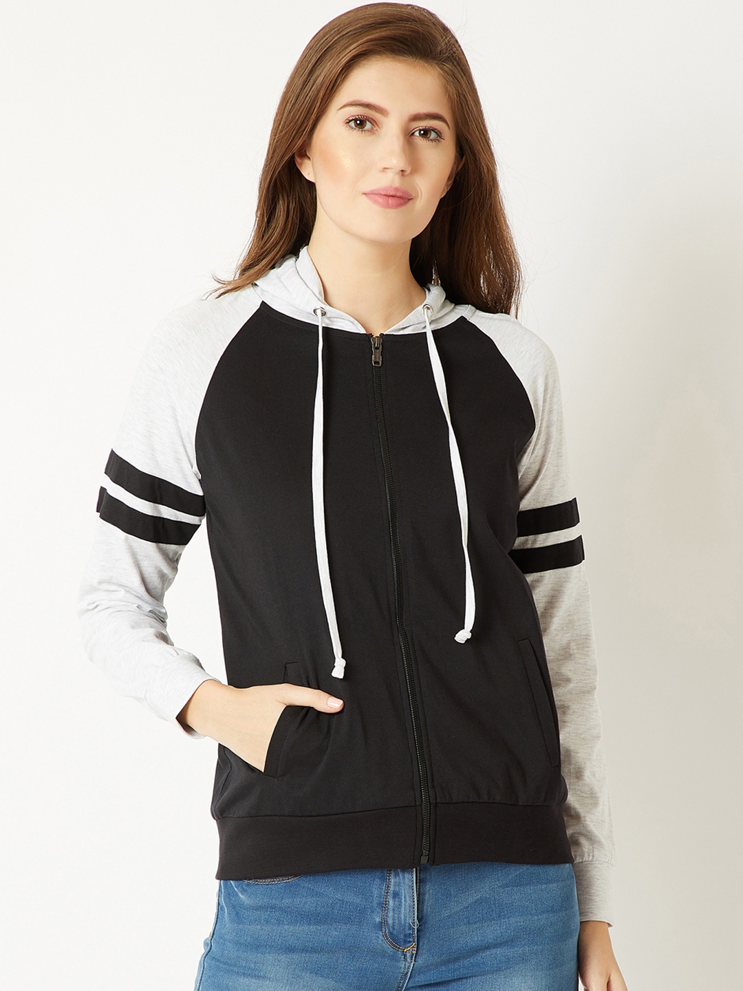 

Miss Chase Women Black Colourblocked Lightweight Hooded Bomber Jacket