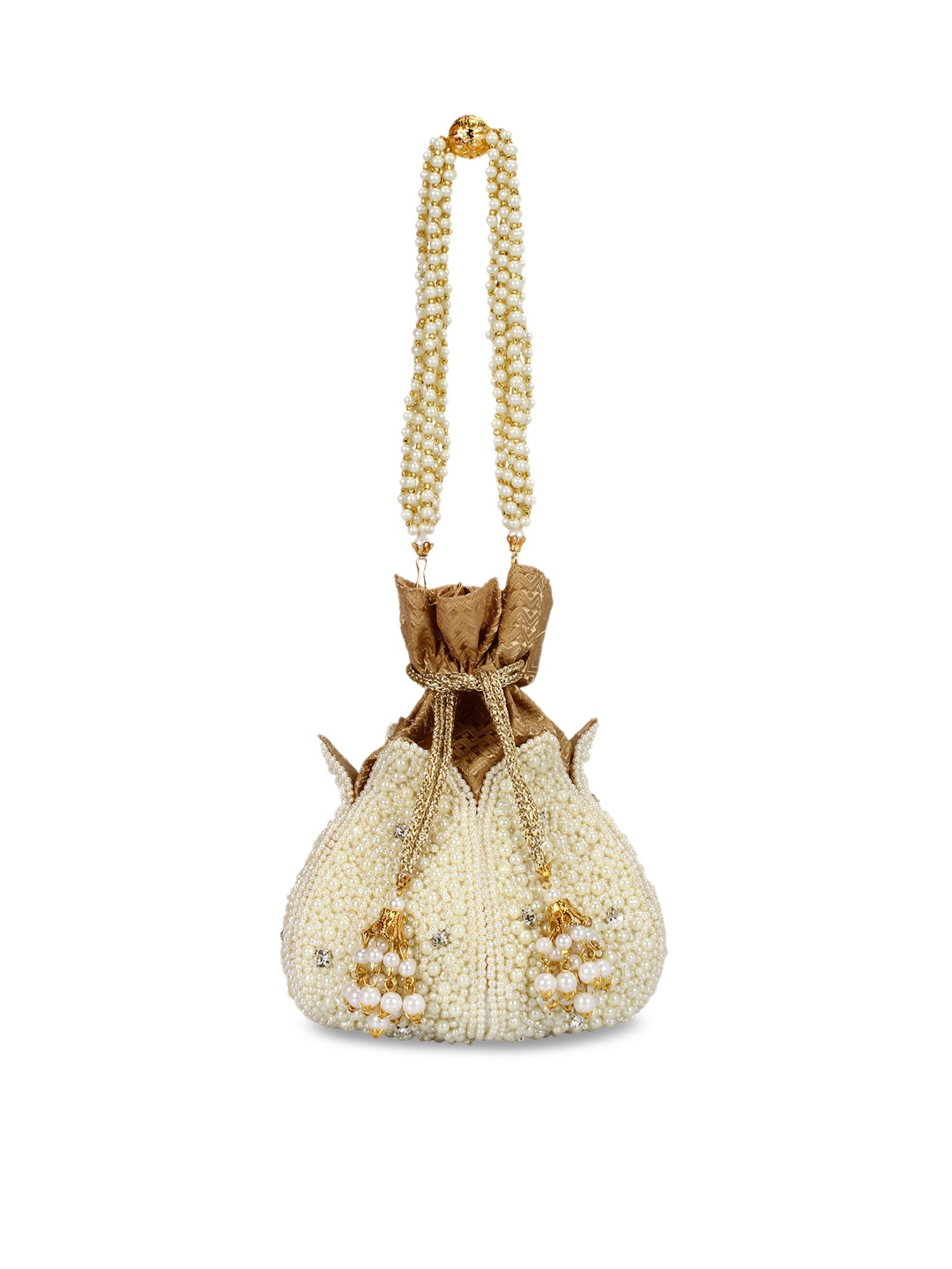 Anekaant White & Gold-Toned Embroidered Potli Clutch