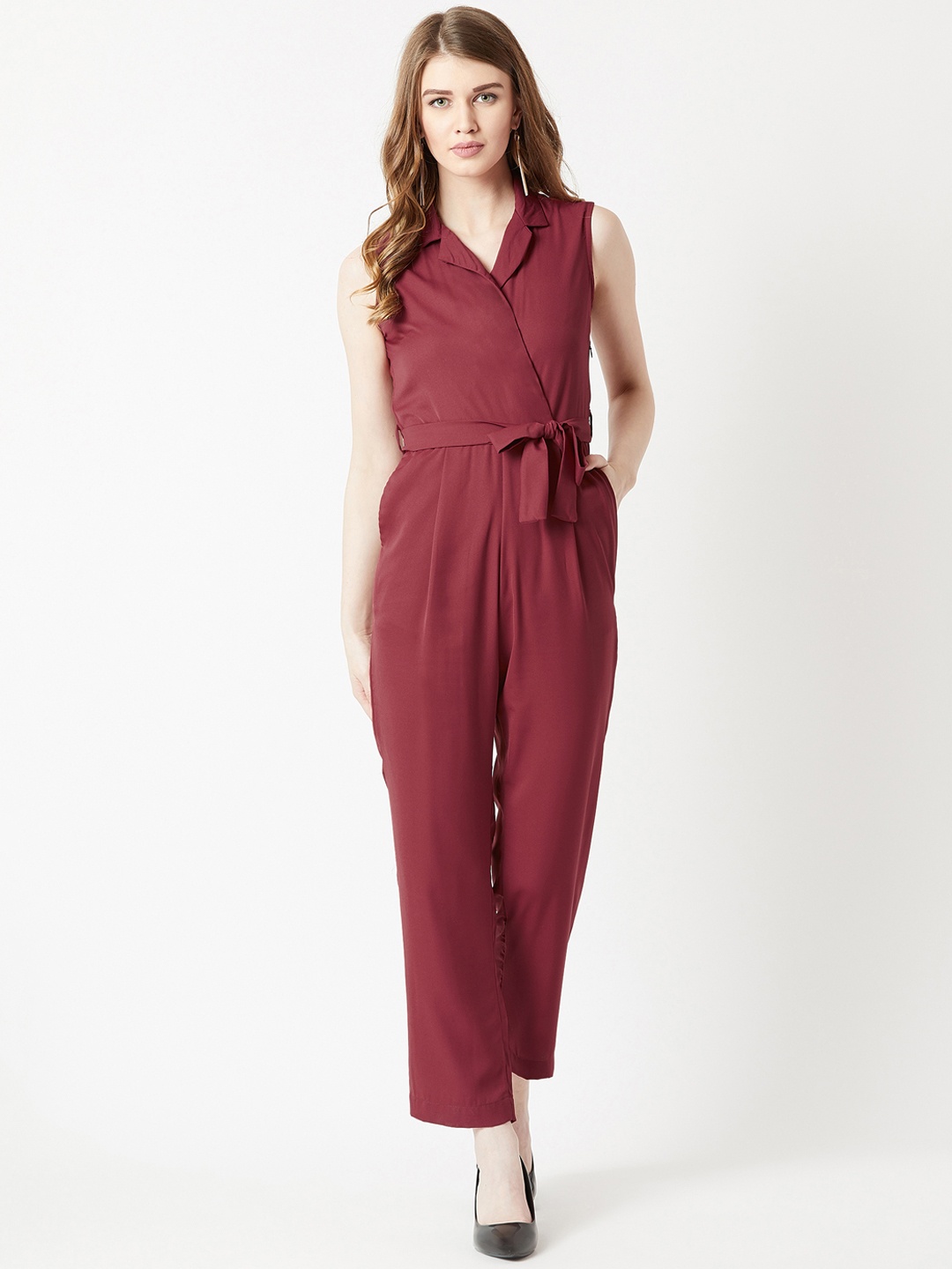 Miss Chase Maroon Solid Basic Jumpsuit