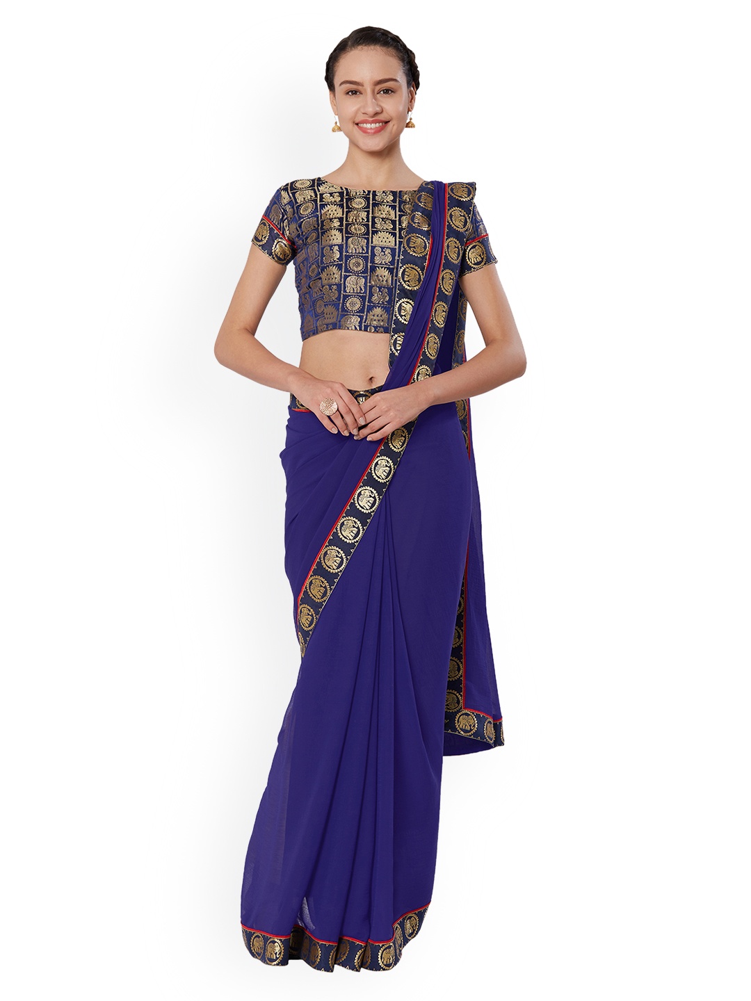 

Mirchi Fashion Navy Blue Solid Poly Chiffon Saree