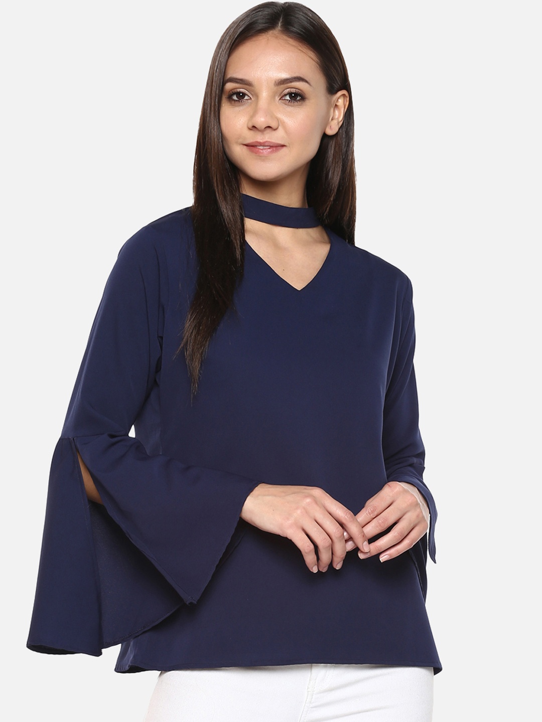 

Indietoga Women Navy Blue Solid Choker Neck Top