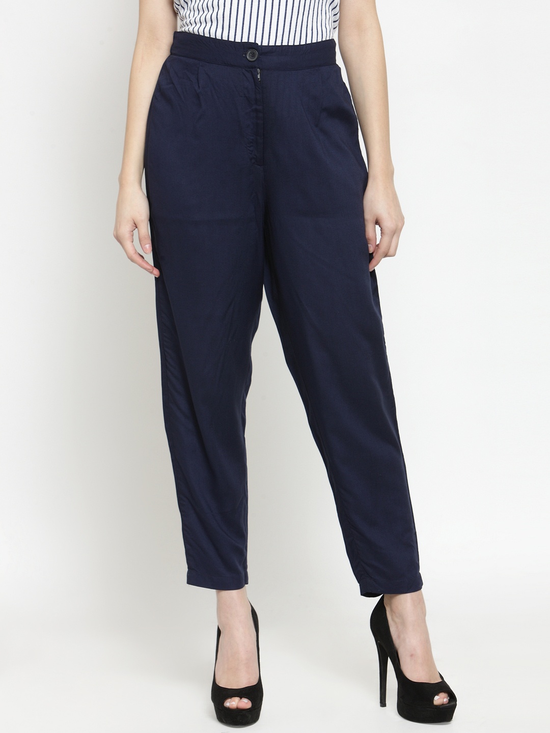 

Sera Women Navy Blue Tapered Fit Solid Cigarette Trousers