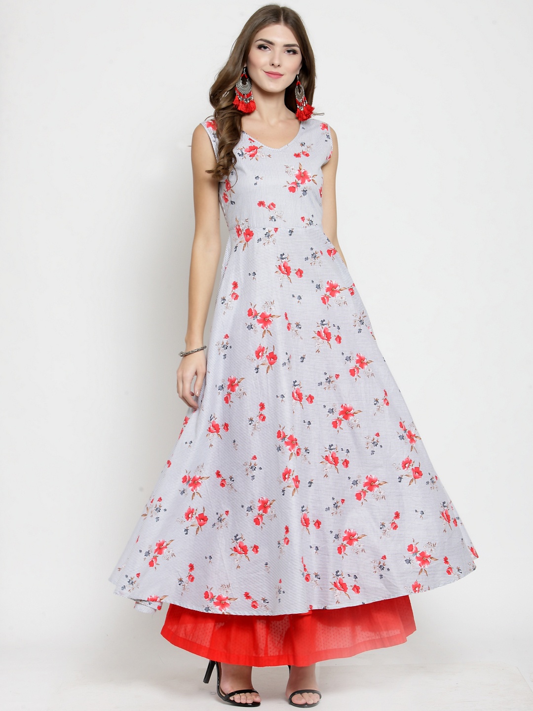 Sera Women Grey & Coral Printed Kurta with Skirt
