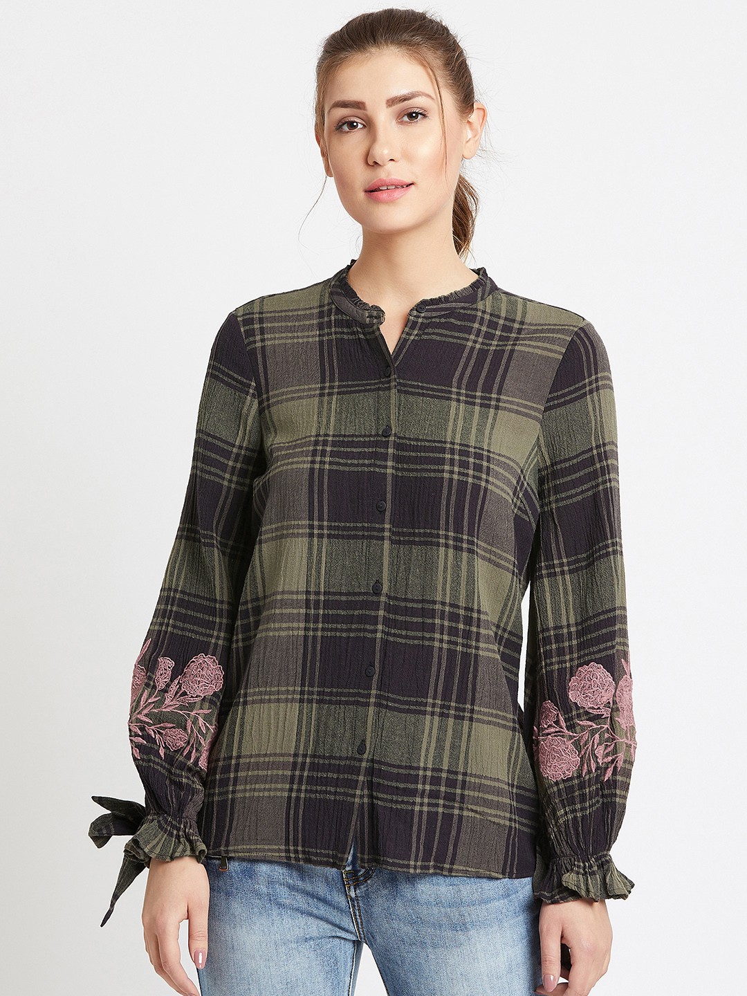 

COVER STORY Women Olive Green Checked Shirt Style Top