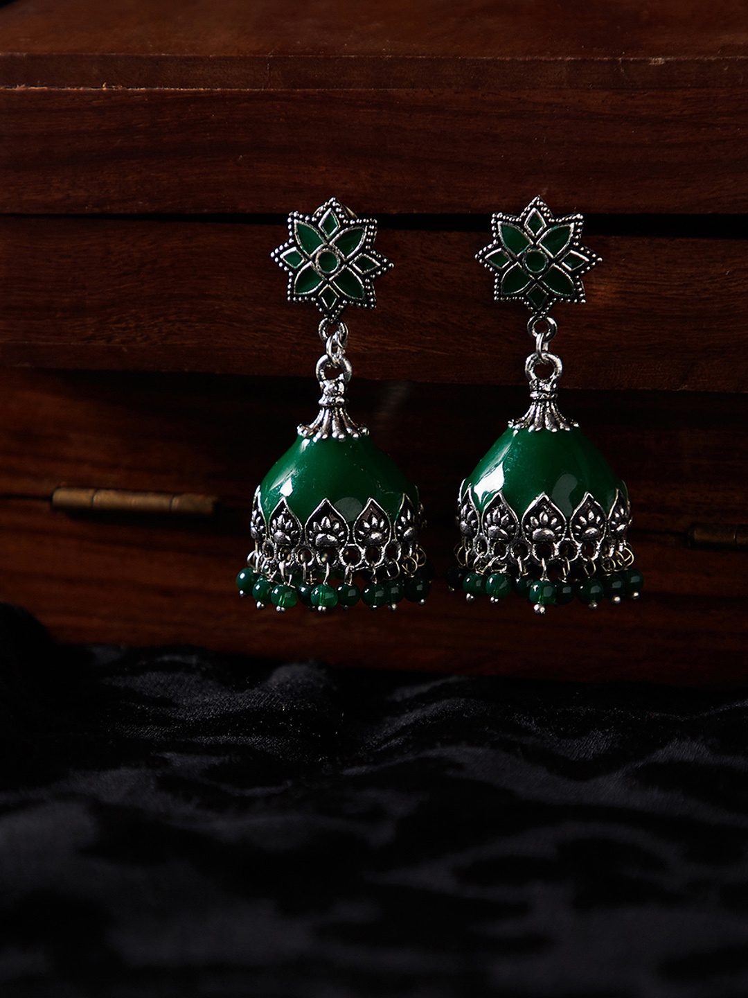 

PANASH Silver-Toned & Green Dome Shaped Jhumkas