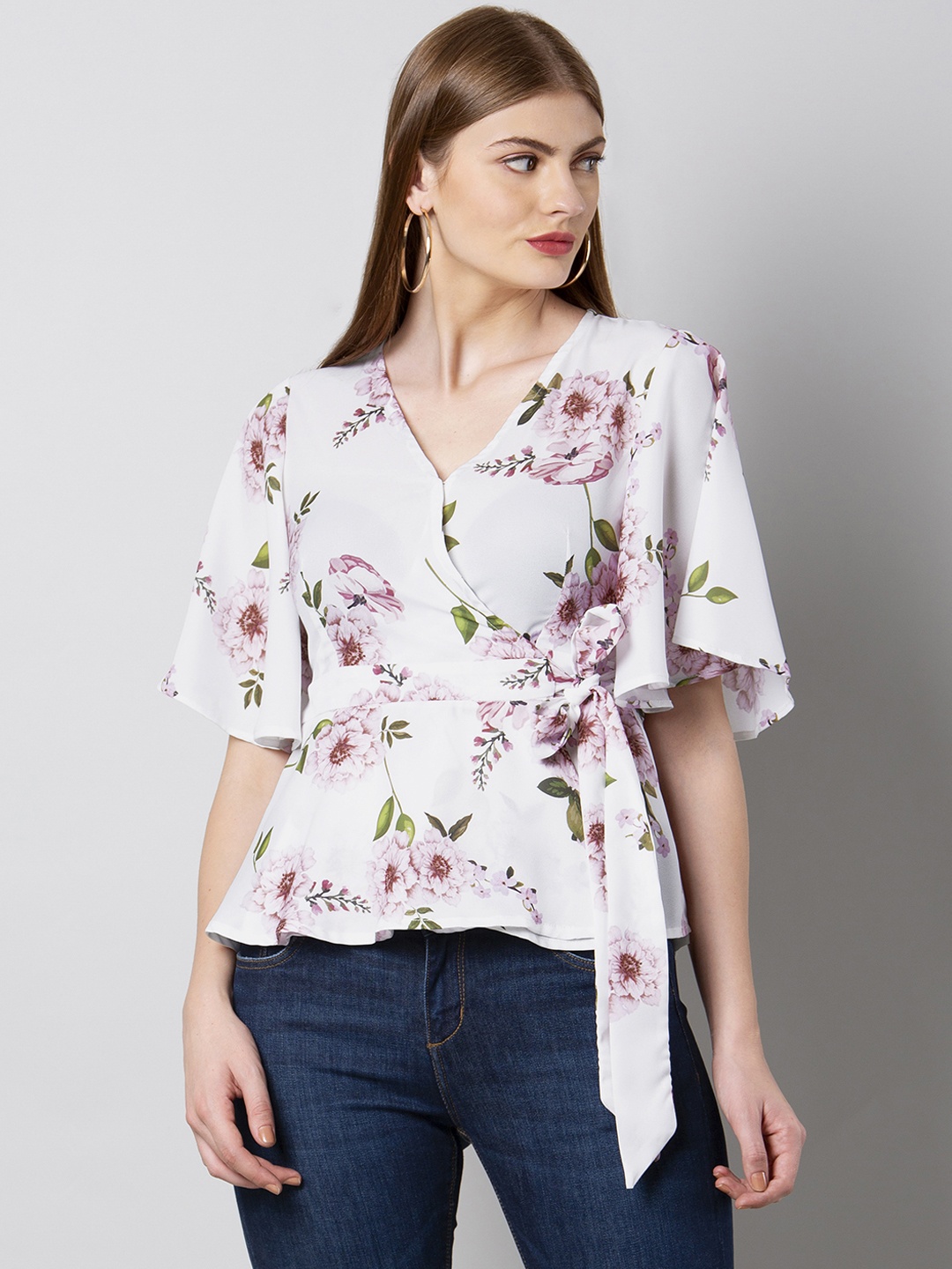 

FabAlley Women White Printed Wrap Top