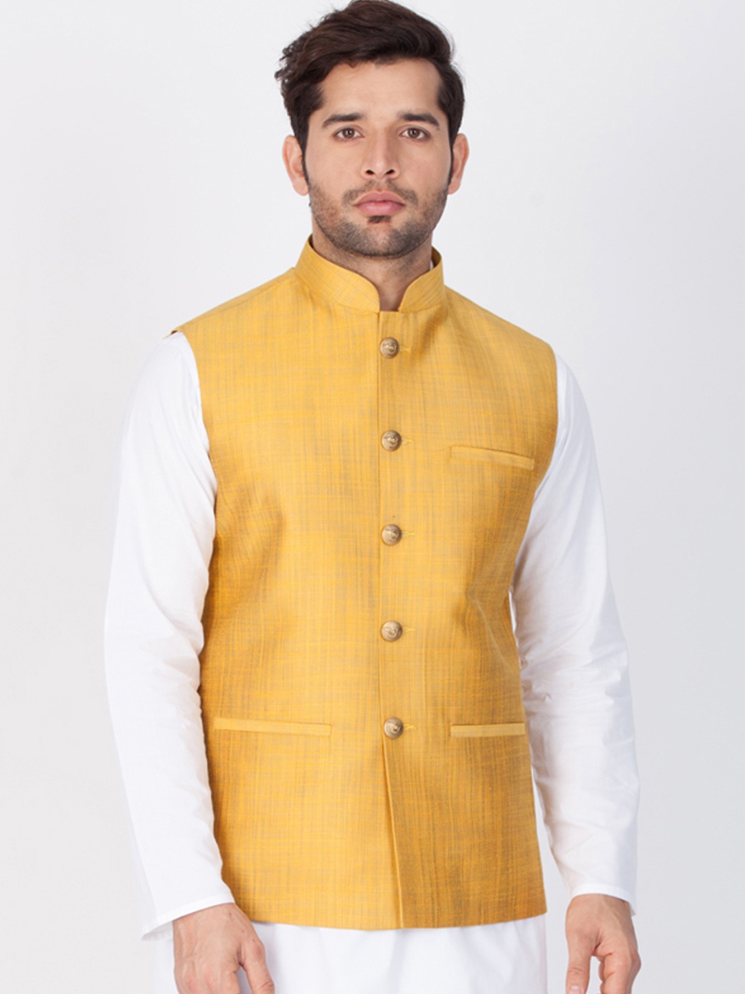 VASTRAMAY Men Yellow Solid Nehru Jacket