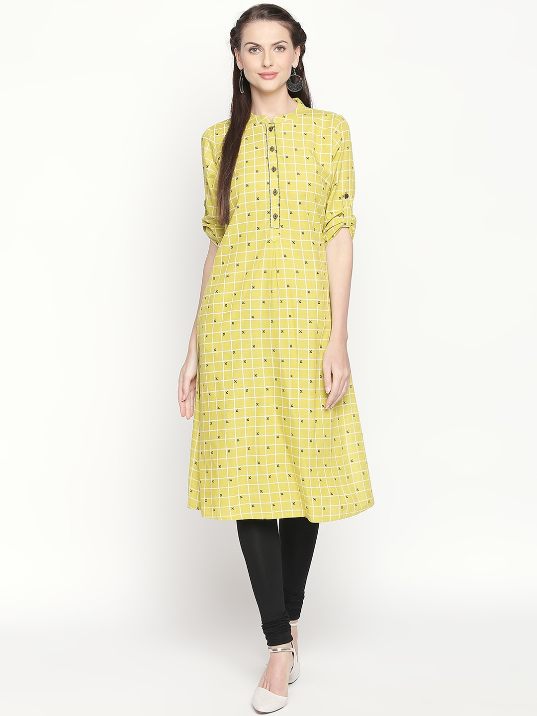 

RANGMANCH BY PANTALOONS Women Yellow & Black Checked A-Line Kurta