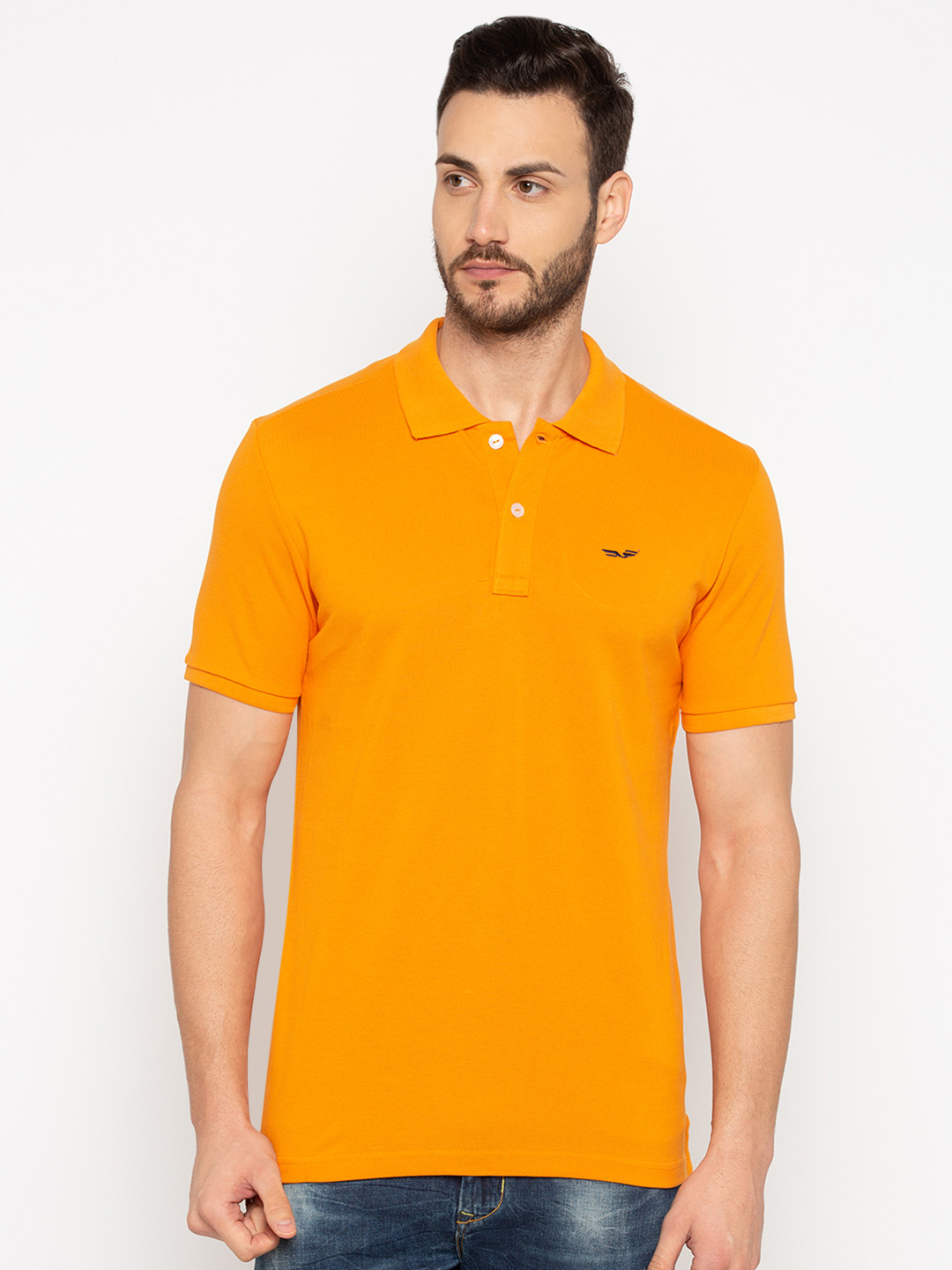 

Status Quo Men Orange Solid Polo Collar Pure Cotton T-shirt