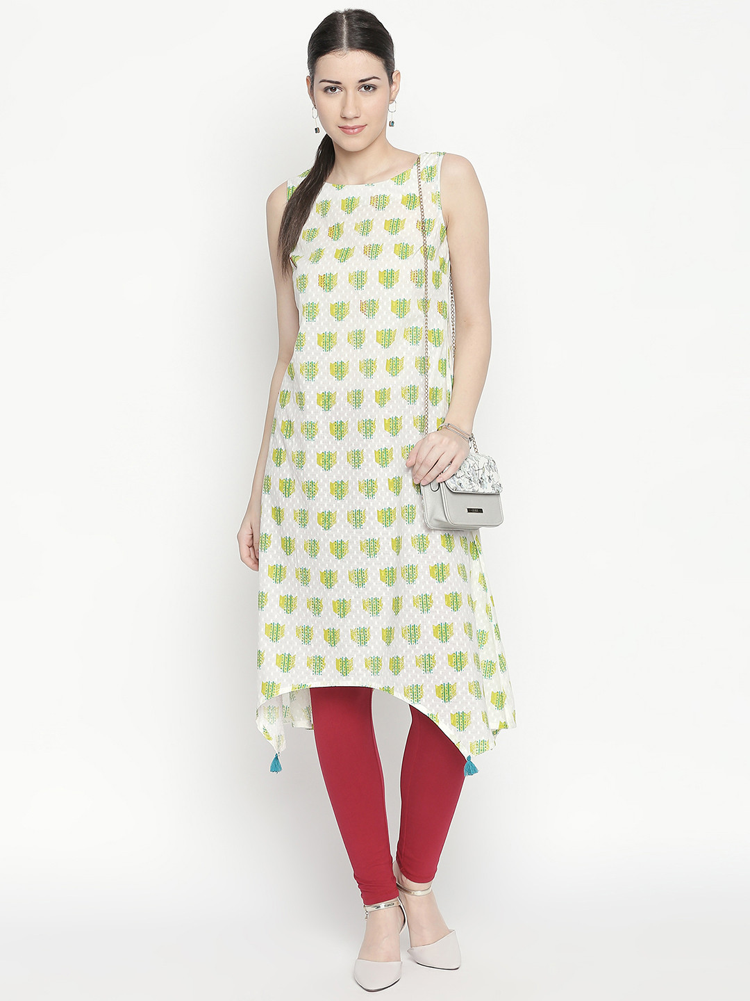 

RANGMANCH BY PANTALOONS Women Off-White & Green Woven Design A-Line Kurta