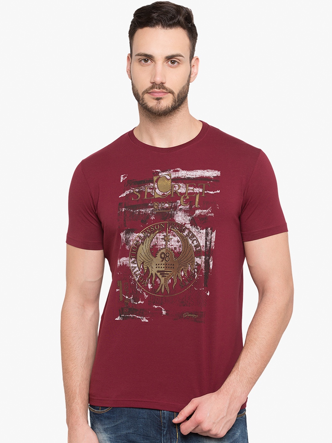 

Status Quo Men Maroon Printed Slim Fit Round Neck Pure Cotton T-shirt