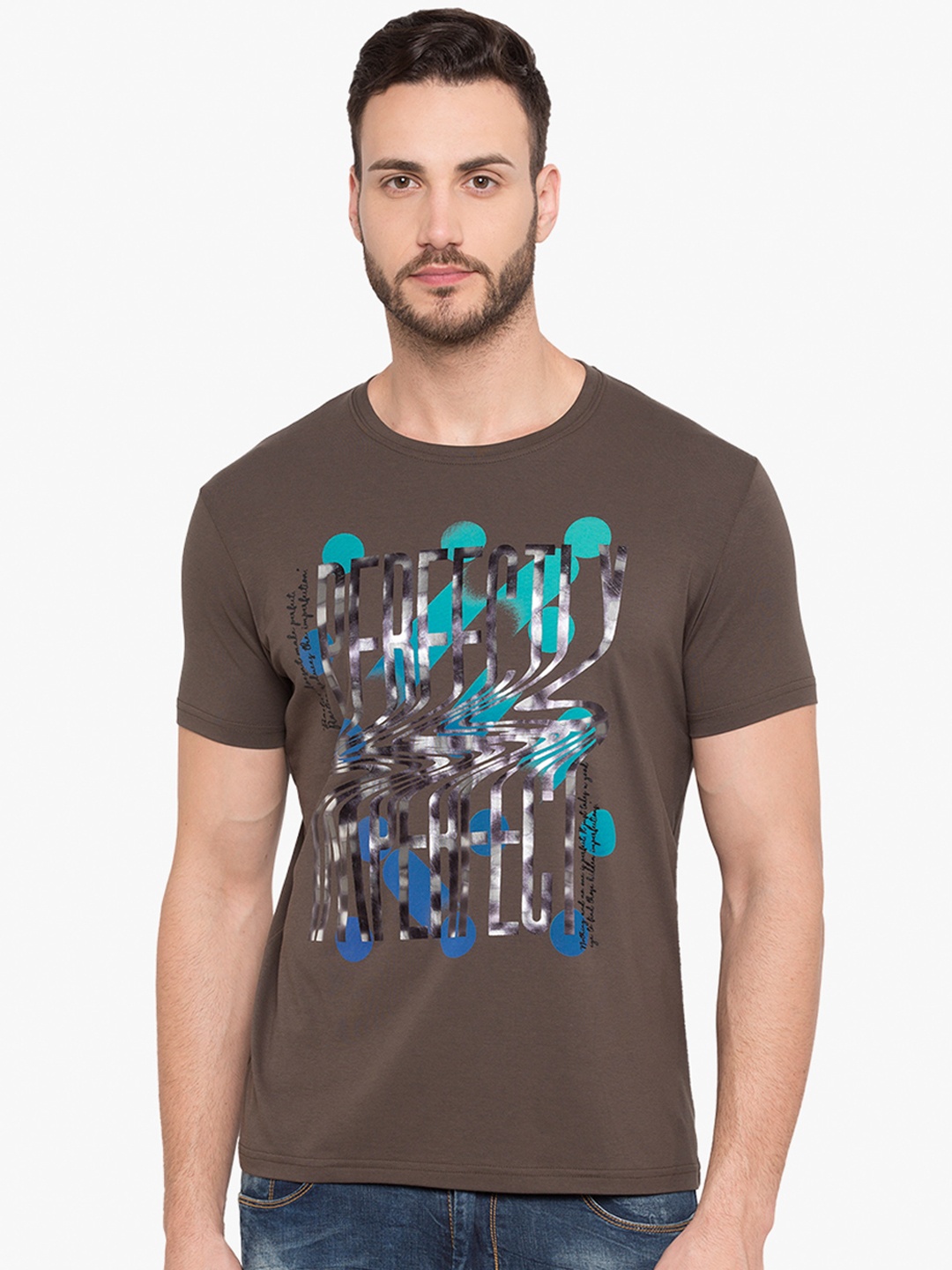 Status Quo Men Brown Printed Round Neck Pure Cotton T-shirt