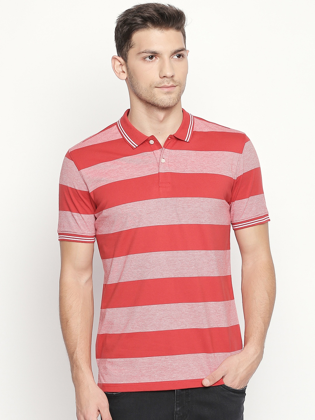 

BYFORD by Pantaloons Men Red Striped Polo Collar T-shirt