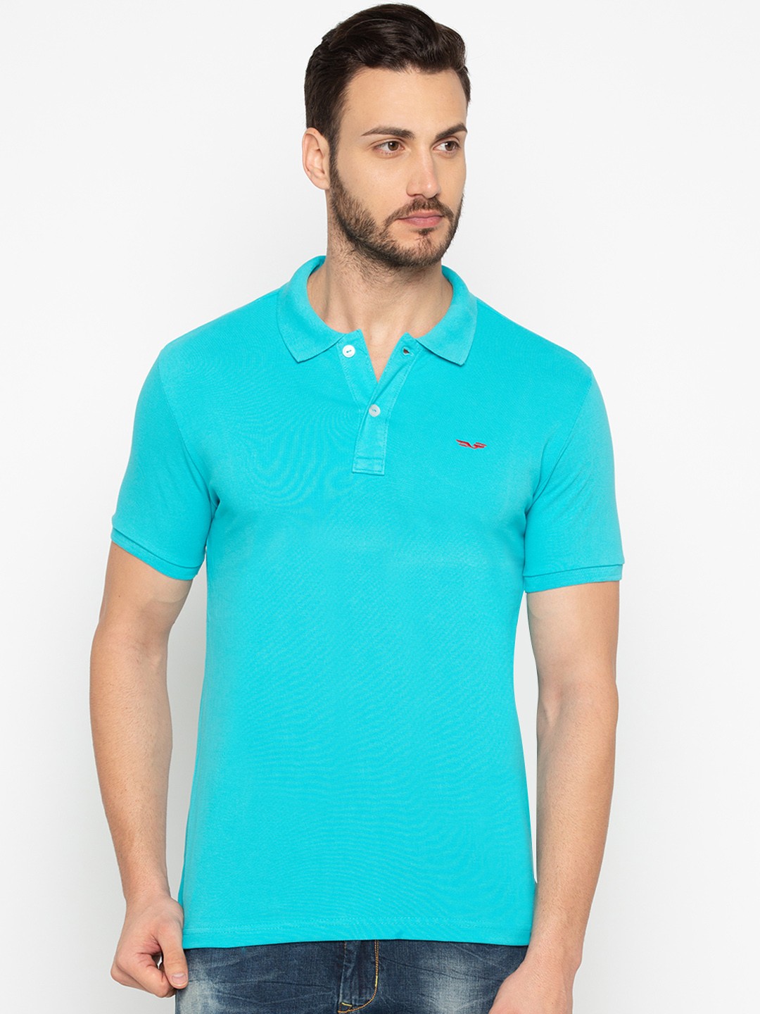 

Status Quo Men Turquoise Blue Solid Polo Collar Pure Cotton T-shirt