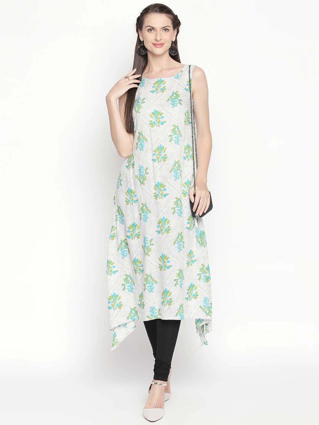 

RANGMANCH BY PANTALOONS Women Off-White & Turquoise Blue Printed A-Line Kurta