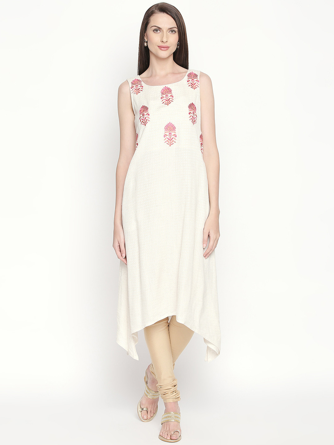 

RANGMANCH BY PANTALOONS Women White Embroidered Asymmetrical Hem A-Line Kurta