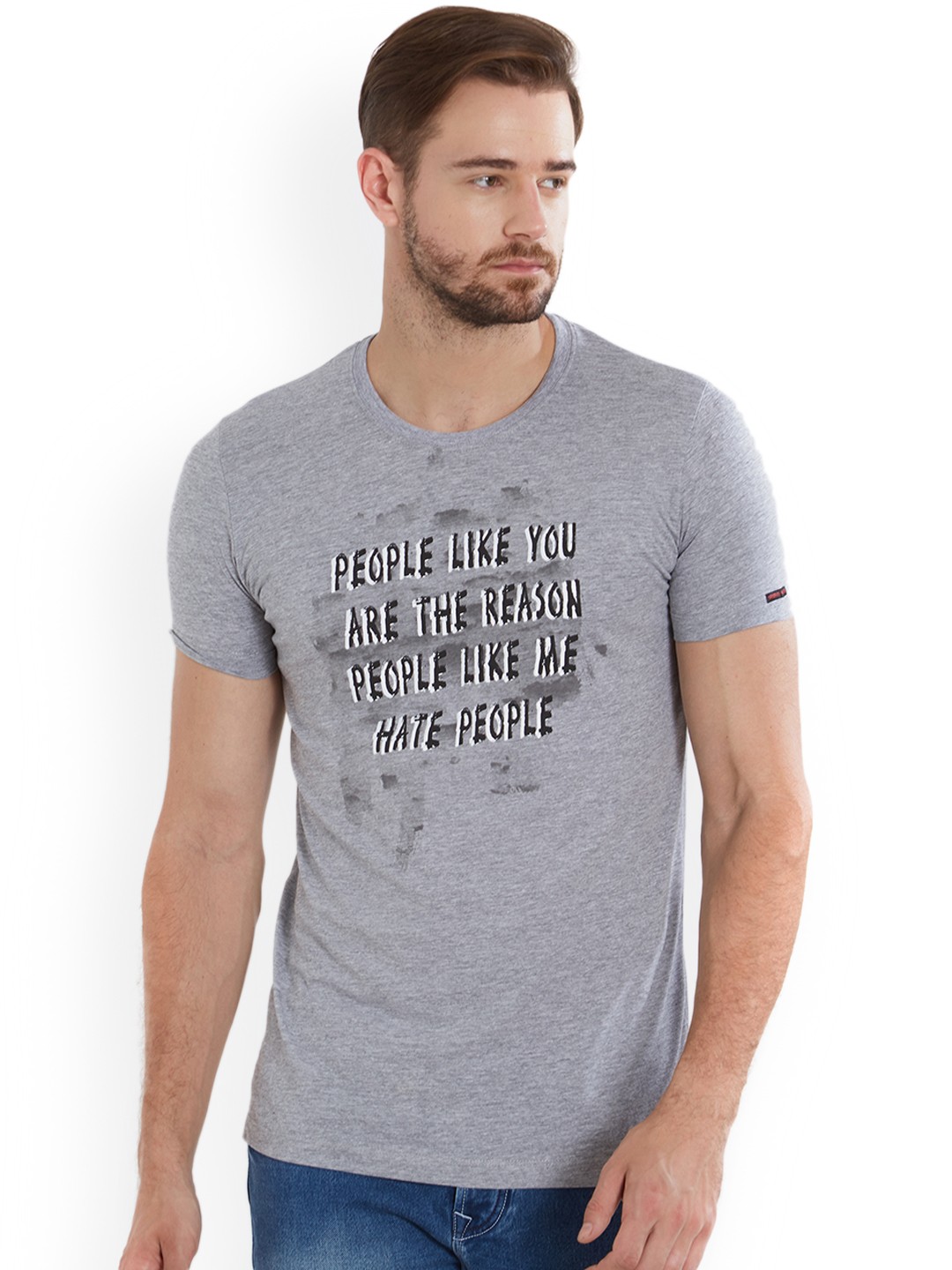 

Status Quo Men Grey Printed Round Neck Pure Cotton T-shirt