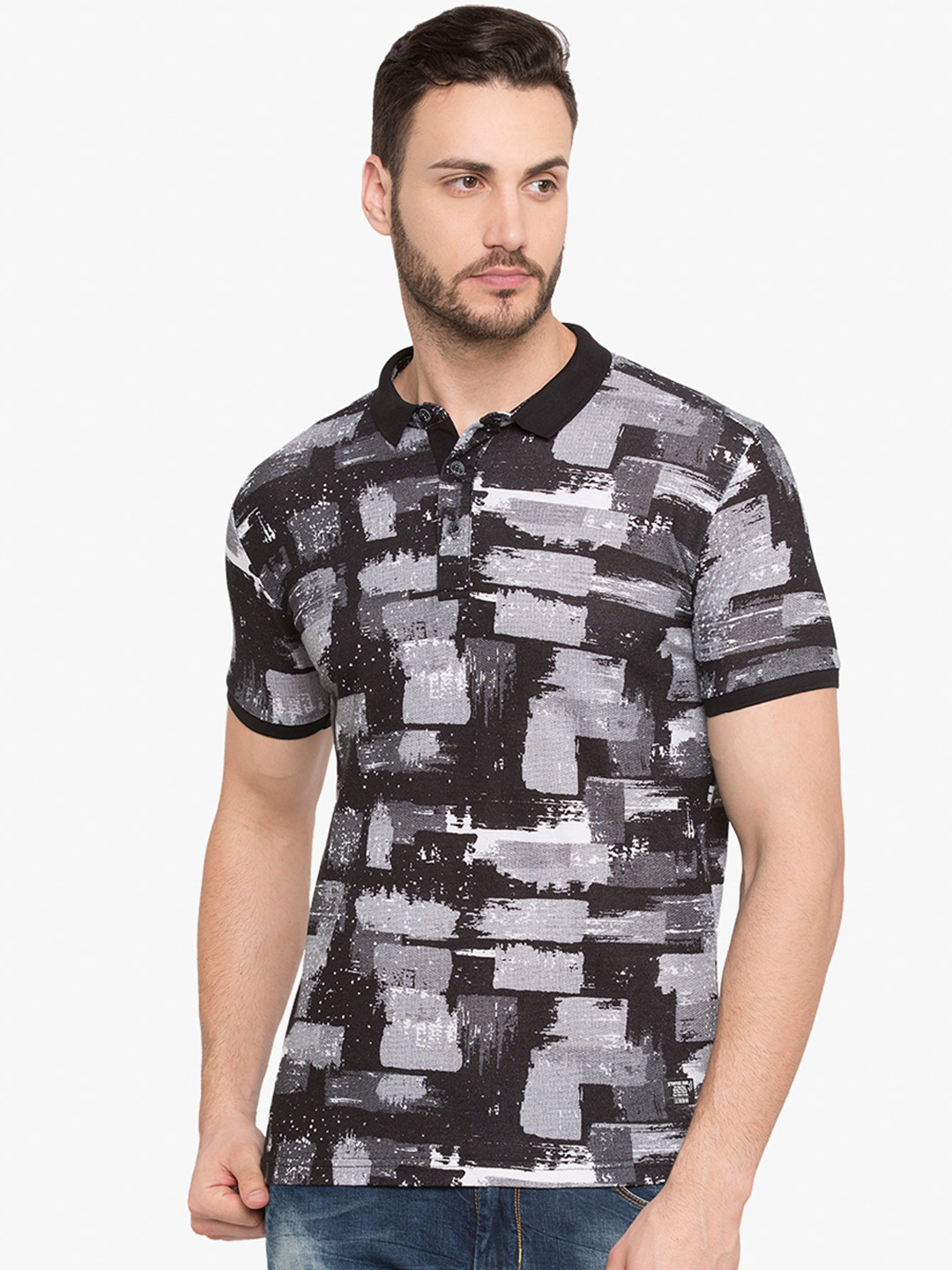 

Status Quo Men Black Printed Polo Collar T-shirt